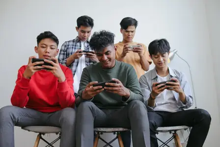 Group of friends playing mobile games together on phones