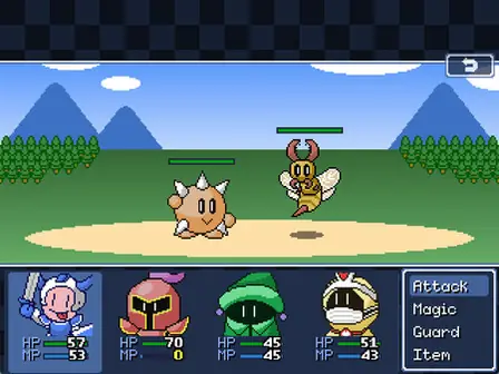 Pixel-art RPG battle with party HP bars and command menu
